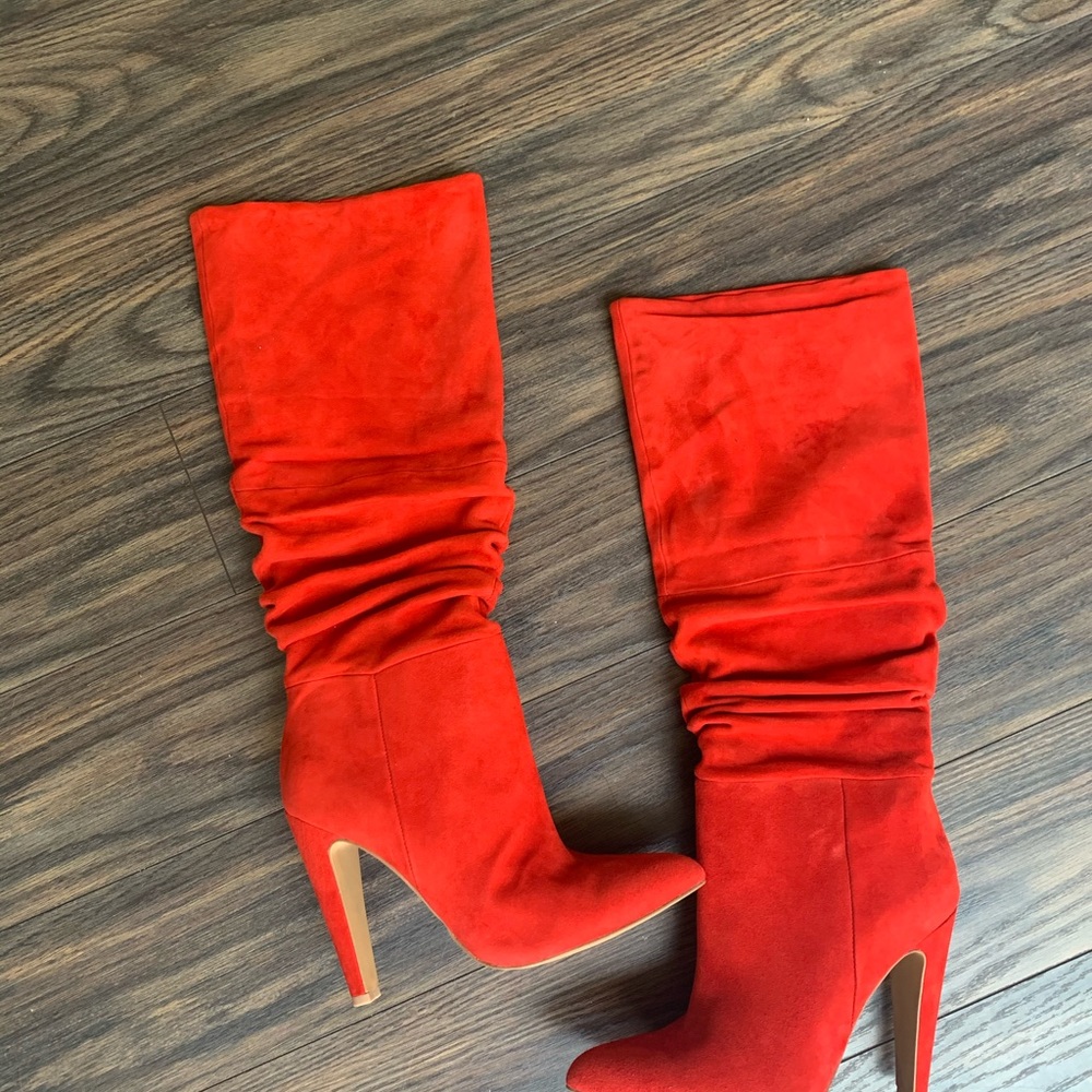 Red knee high boots